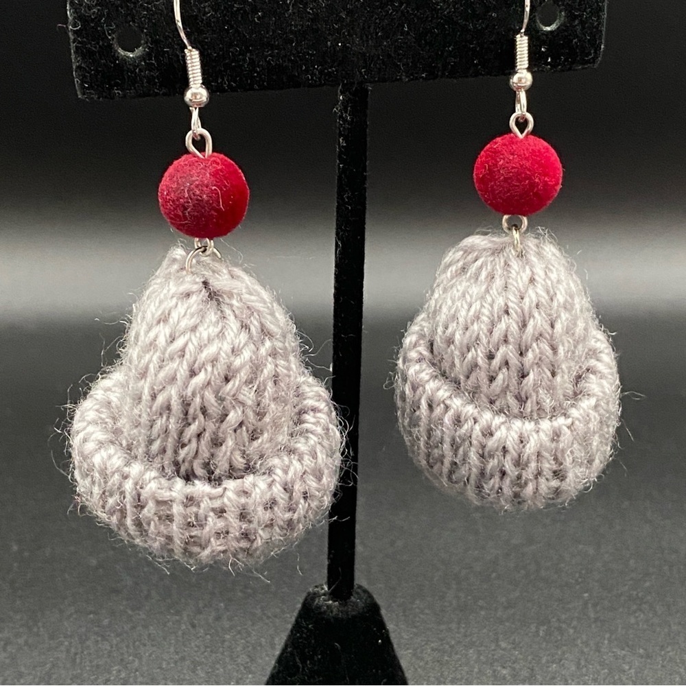Hand Knit Light Grey Toque Hat Earrings with Burgundy Pom Poms